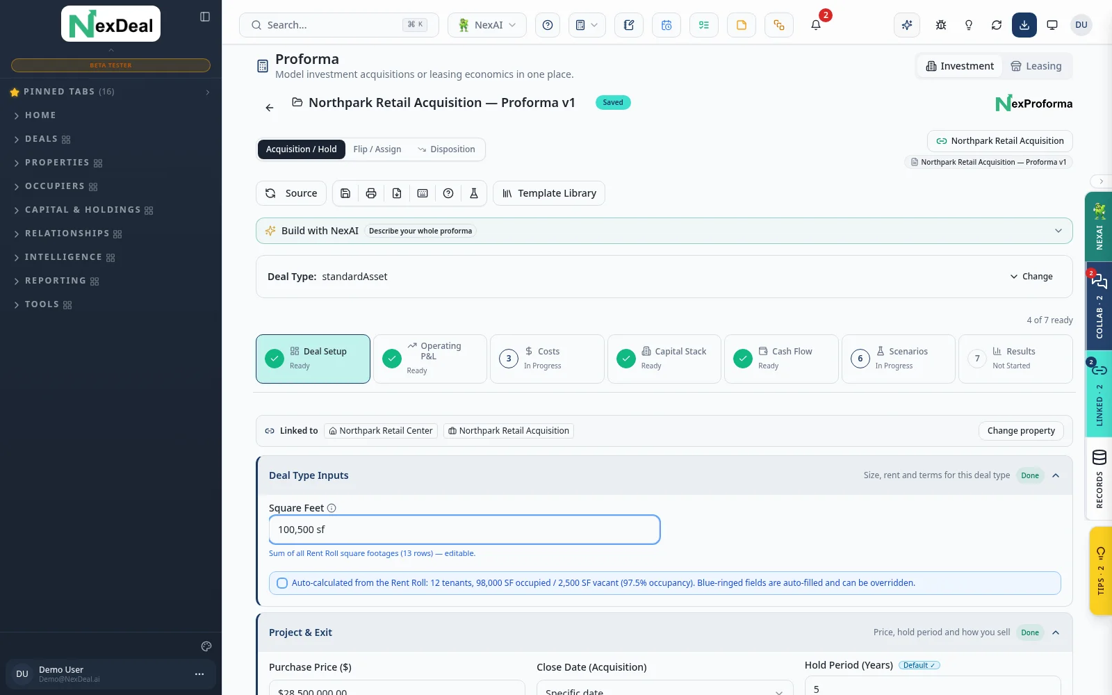 NexProforma Deal Setup view