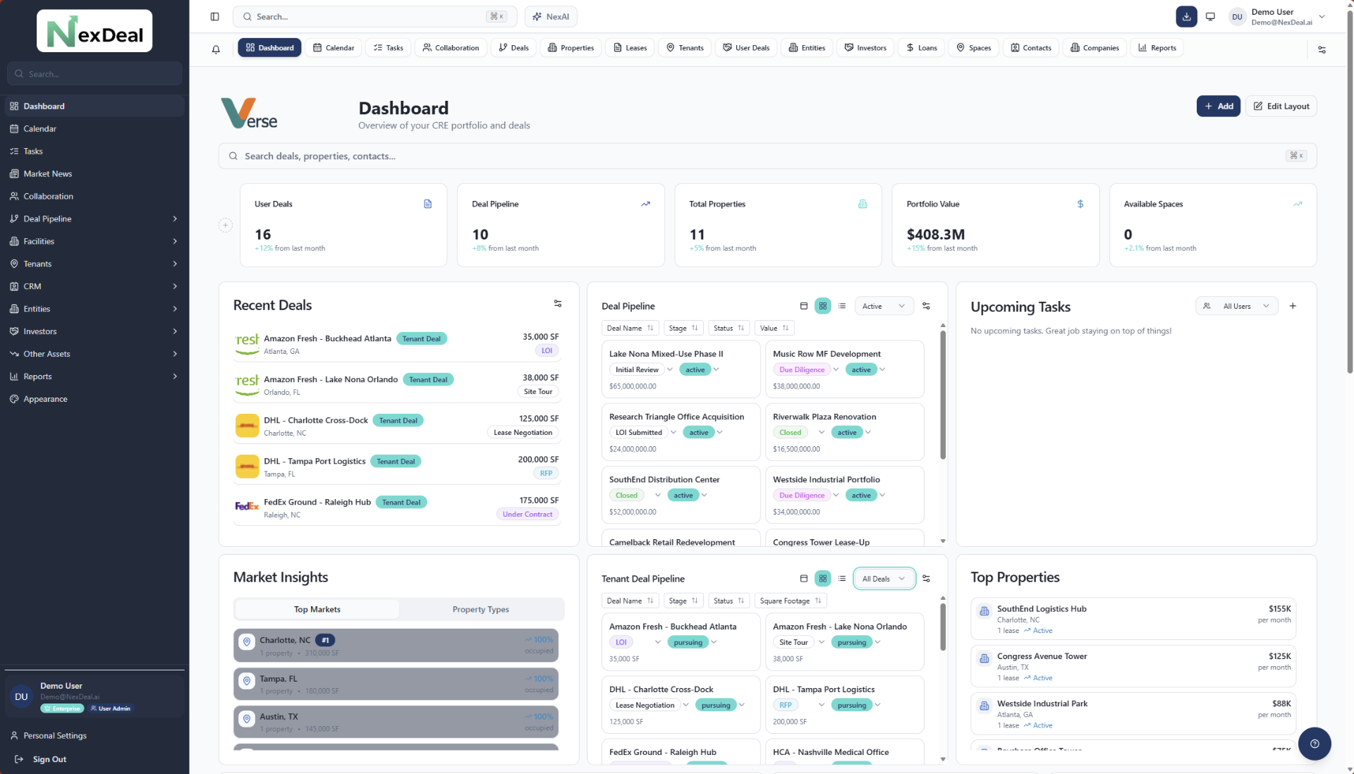 NexDeal Dashboard — portfolio overview with deal pipeline, analytics, and activity feed