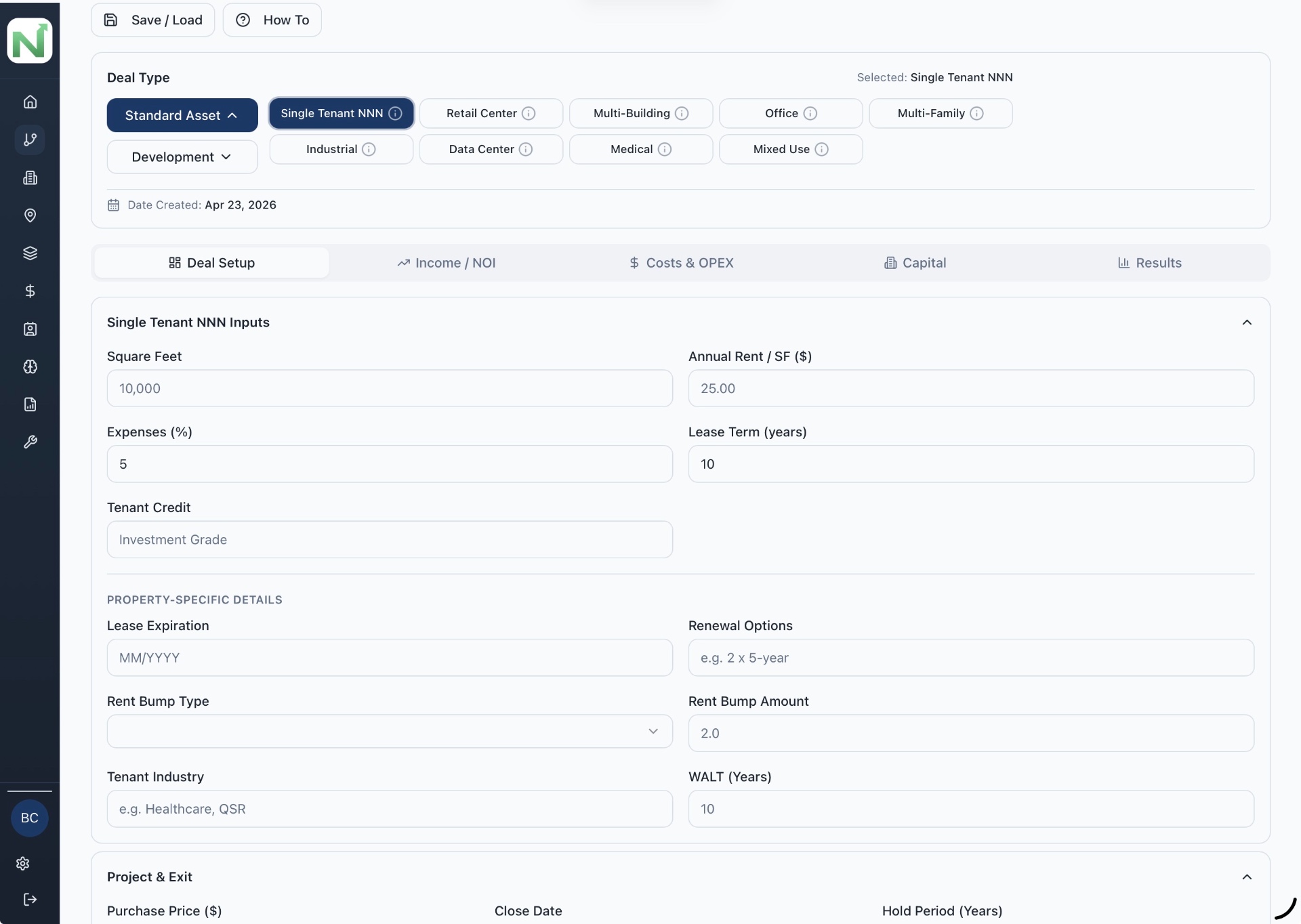NexProforma Deal Setup view